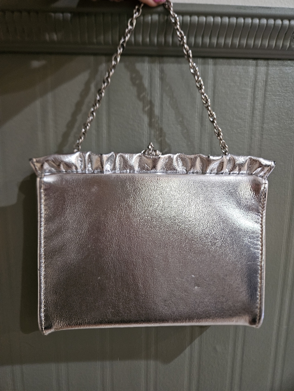 Vintage Silver Metallic Evening Bag Chain Handle Clutch Retro Glam Purse